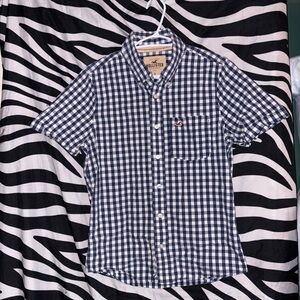 Y2K Hollister Men’s Blue Gingham Short-Sleeve Button-Up Shirt